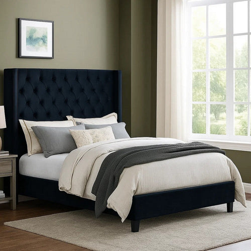 Hiu Queen Size Bed | Wingback Headboard in Black Velvet Like Upholstery