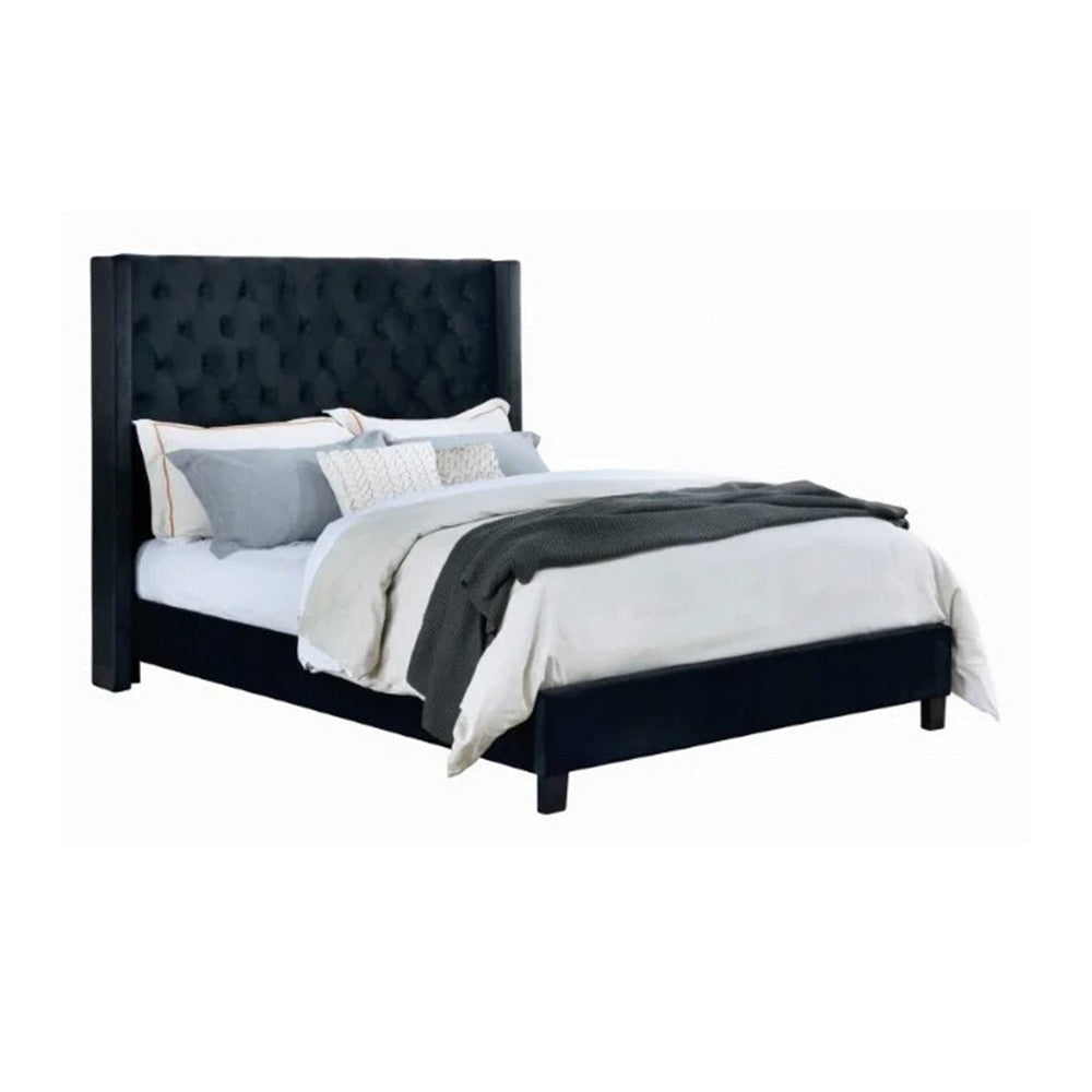 Hiu Queen Size Bed | Wingback Headboard in Black Velvet Like Upholstery BM342419