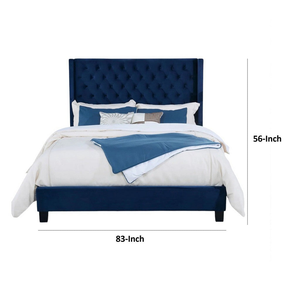 Hiu King Size Bed | Wingback Headboard | Navy Blue Velvet Like Upholstery BM342420