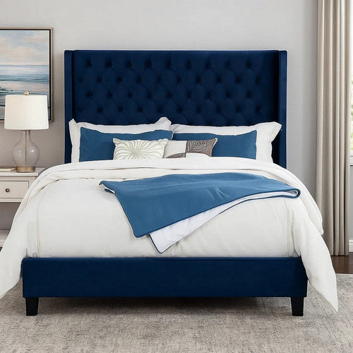 Hiu King Size Bed | Wingback Headboard | Navy Blue Velvet Like Upholstery