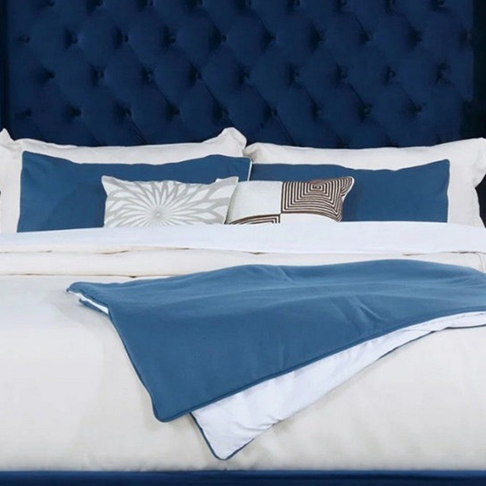 Hiu Queen Size Bed | Wingback Headboard | Navy Blue Velvet Like Upholstery BM342421