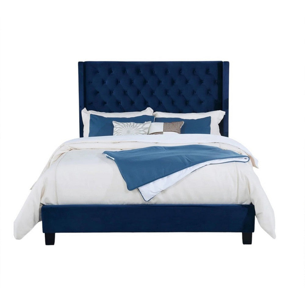 Hiu Queen Size Bed | Wingback Headboard | Navy Blue Velvet Like Upholstery