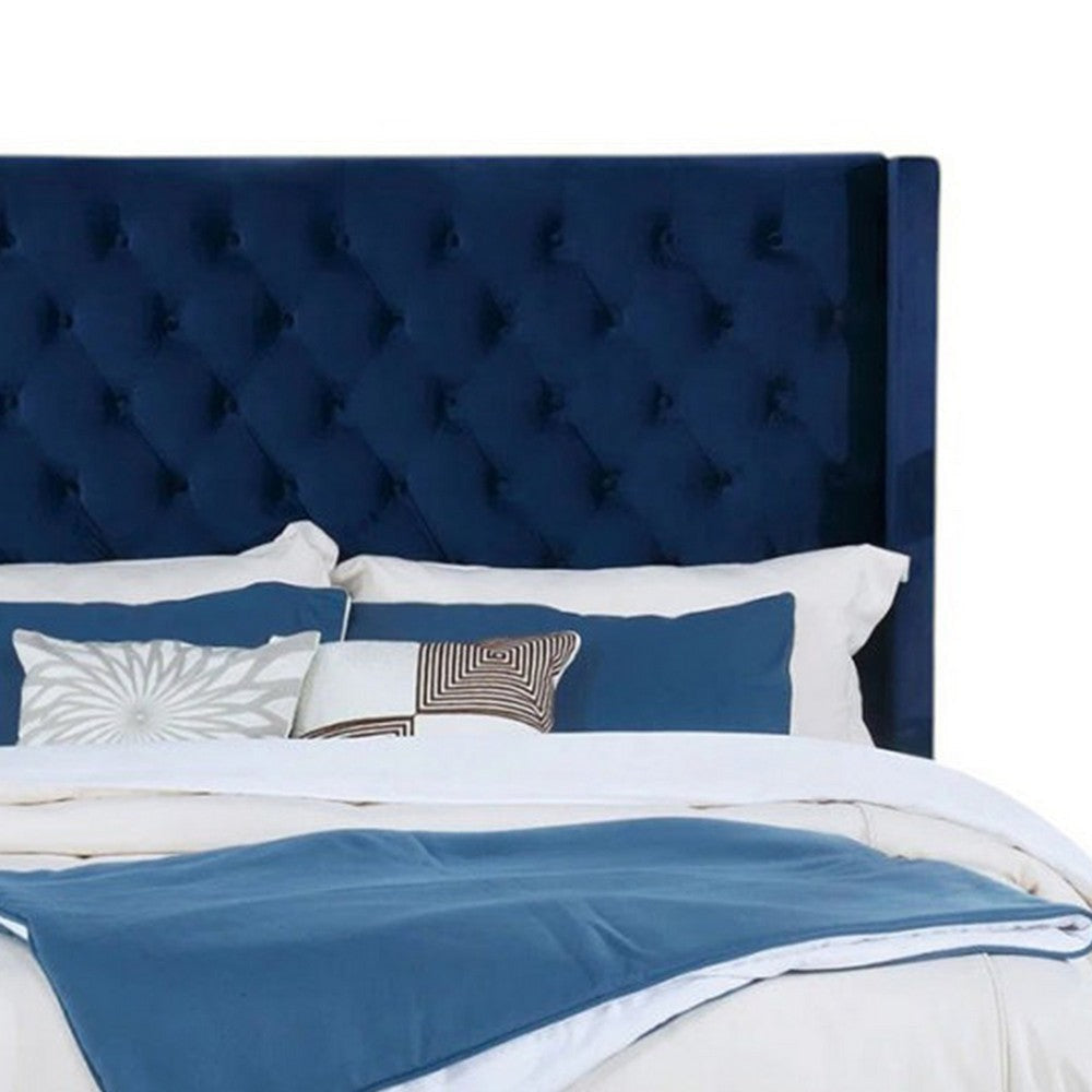 Hiu Queen Size Bed | Wingback Headboard | Navy Blue Velvet Like Upholstery BM342421