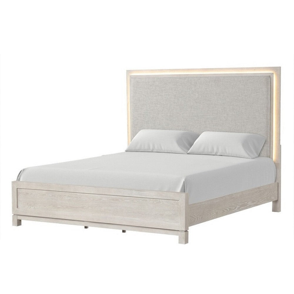 Loji Queen Size Bed with LED Headboard | Weathered Gray Solid Rubberwood BM342422