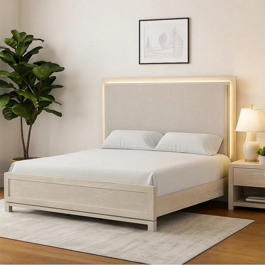 Loji Queen Size Bed with LED Headboard | Weathered Gray Solid Rubberwood