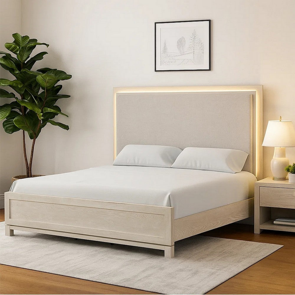 Loji Queen Size Bed with LED Headboard | Weathered Gray Solid Rubberwood