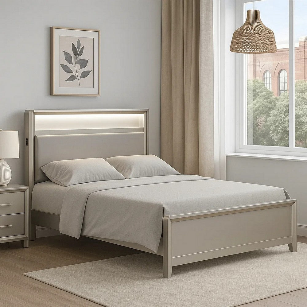 Broy Full Size Bed with LED Bookcase Headboard | Champagne Silver Veneer