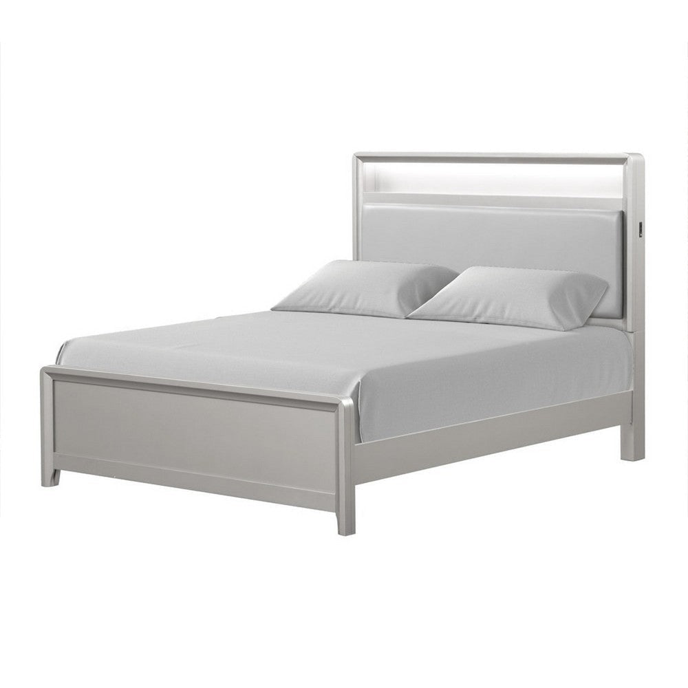 Broy Queen Size Bed with LED Bookcase Headboard | Champagne Silver Veneer BM342426