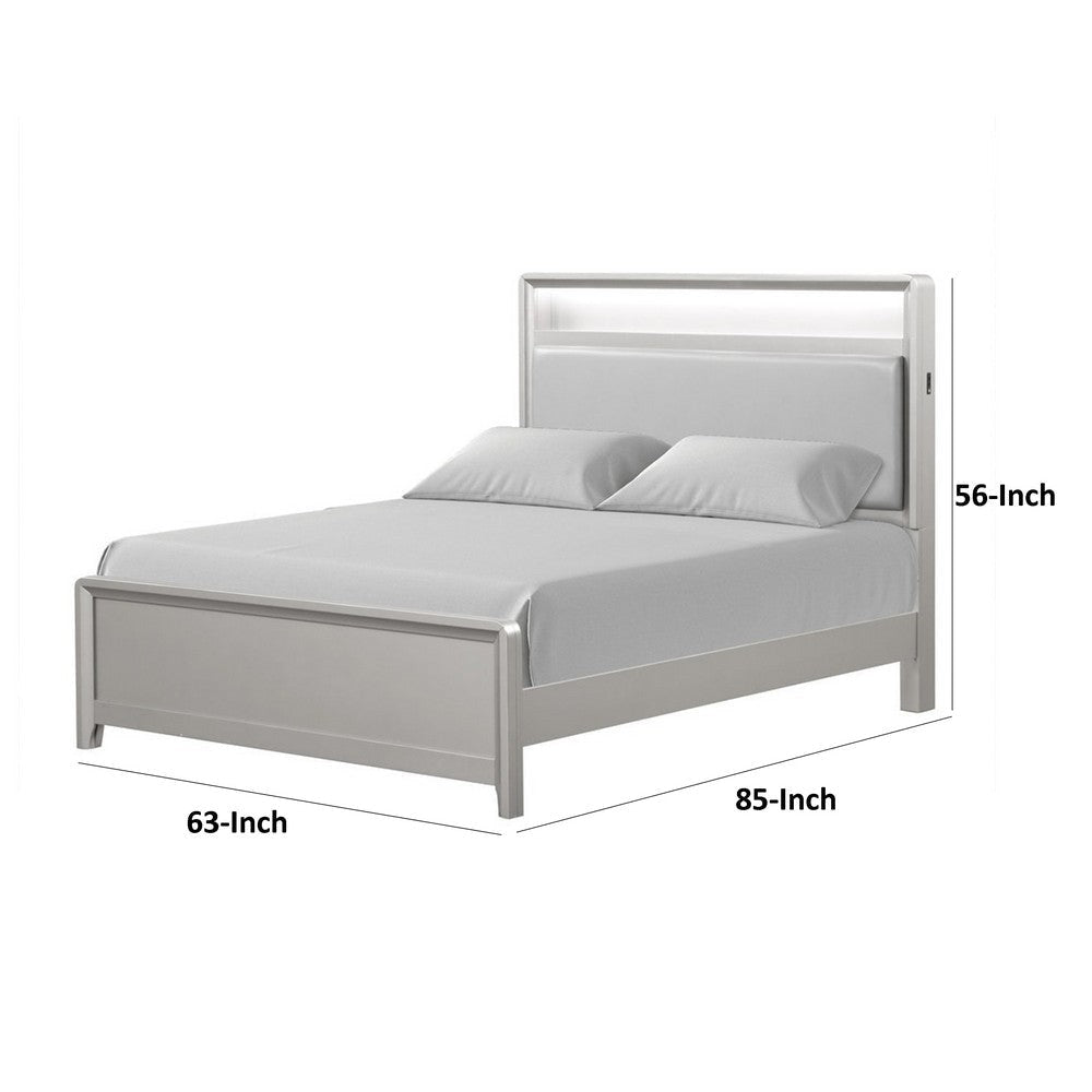 Broy Queen Size Bed with LED Bookcase Headboard | Champagne Silver Veneer BM342426