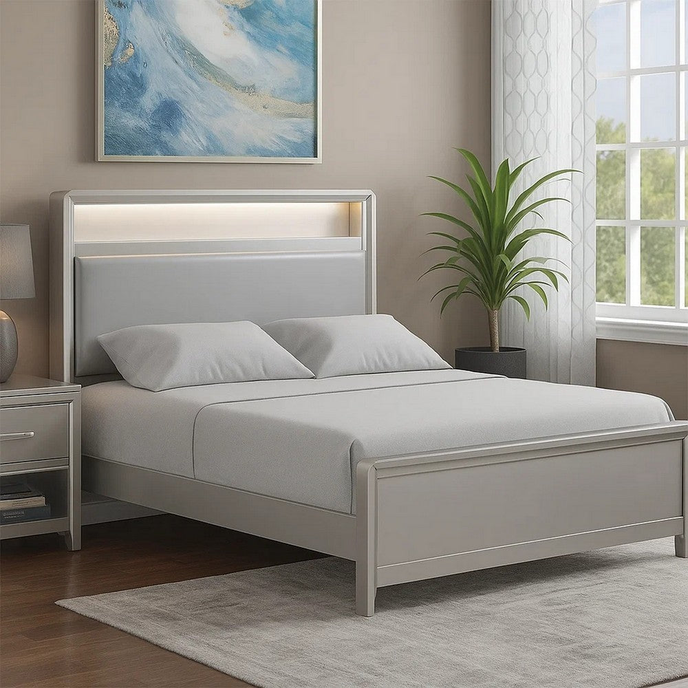 Broy Queen Size Bed with LED Bookcase Headboard | Champagne Silver Veneer BM342426