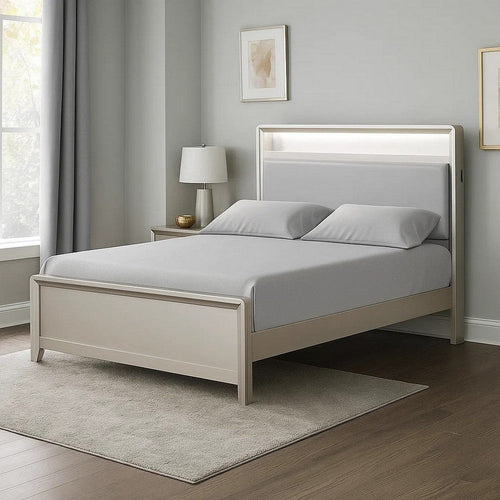 Broy Queen Size Bed with LED Bookcase Headboard | Champagne Silver Veneer