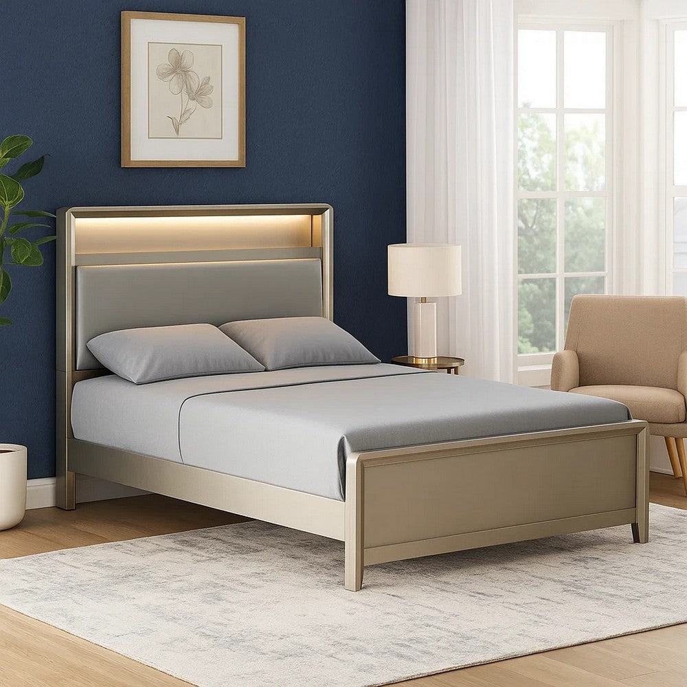Broy Twin Size Bed with LED Bookcase Headboard | Champagne Silver Veneer BM342427