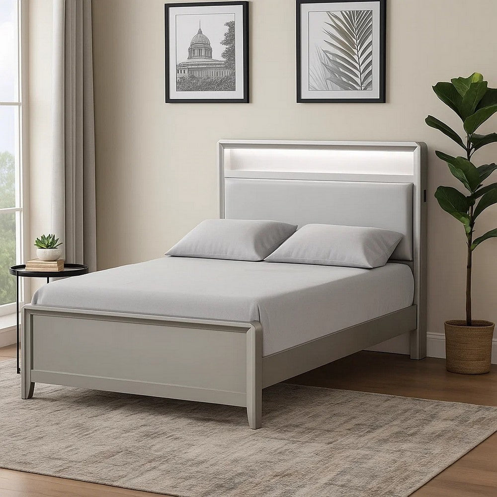 Broy Twin Size Bed with LED Bookcase Headboard | Champagne Silver Veneer