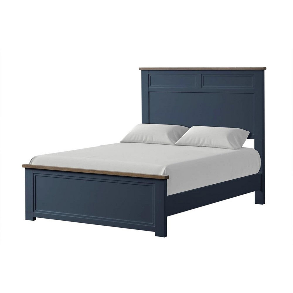 Tela Twin Size Bed with Recessed Panel Headboard | Dark Brown Trim | Blue