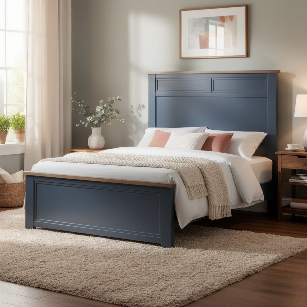 Tela Twin Size Bed with Recessed Panel Headboard | Dark Brown Trim | Blue