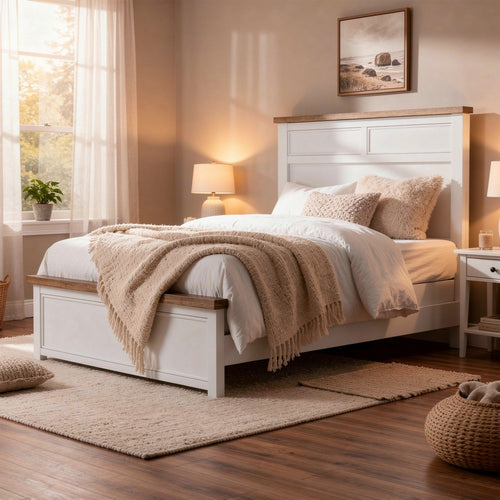 Tela Full Size Bed with Recessed Panel Headboard | Dark Brown Trim | White