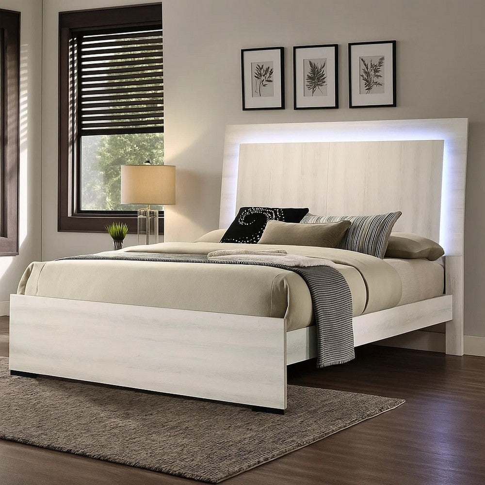 Hyao King Size Bed with LED Headboard | White Wash Paper Veneer BM342432