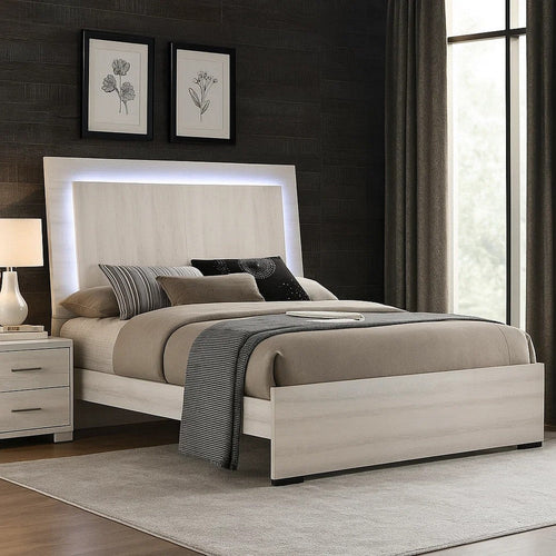 Hyao King Size Bed with LED Headboard | White Wash Paper Veneer