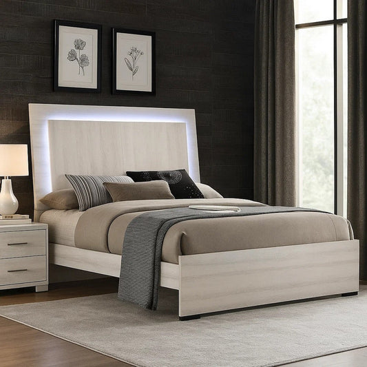 Hyao King Size Bed with LED Headboard | White Wash Paper Veneer