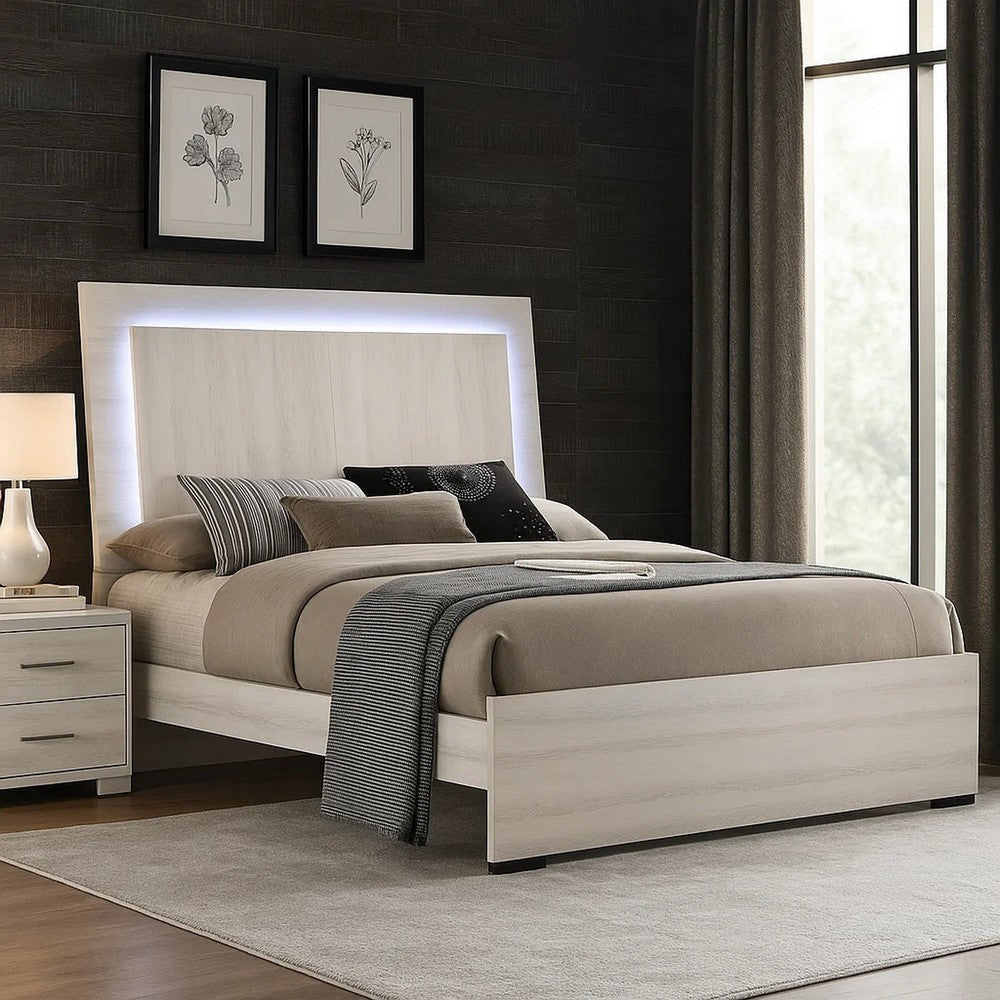 Hyao King Size Bed with LED Headboard | White Wash Paper Veneer