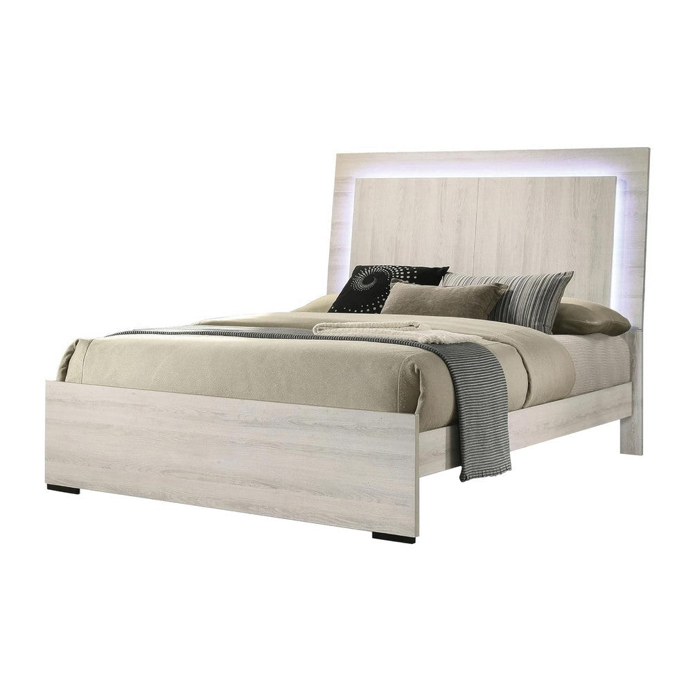 Hyao King Size Bed with LED Headboard | White Wash Paper Veneer