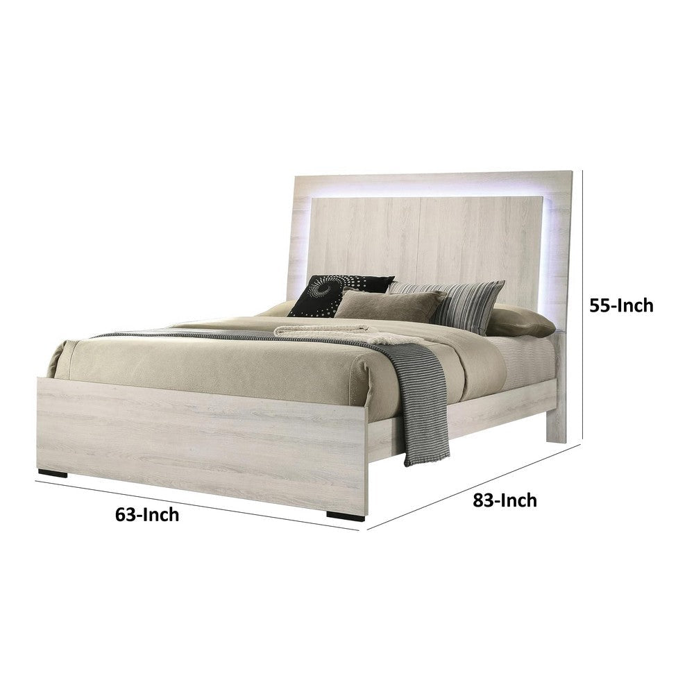 Hyao Queen Size Bed with LED on Headboard | Antique White Wash Finsih BM342434