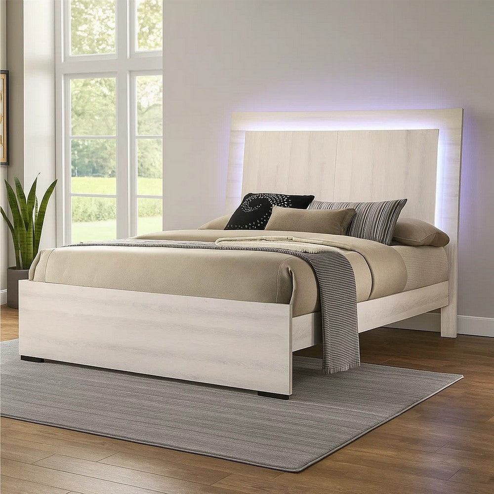 Hyao Queen Size Bed with LED on Headboard | Antique White Wash Finsih BM342434