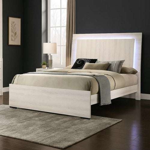 Hyao Queen Size Bed with LED on Headboard | Antique White Wash Finsih