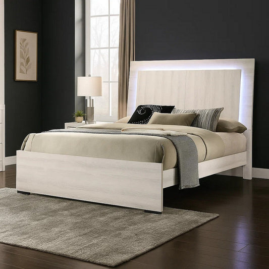 Hyao Queen Size Bed with LED on Headboard | Antique White Wash Finsih