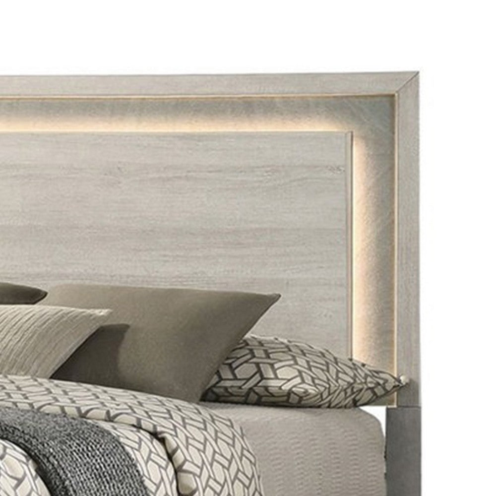 Nomi King Size Bed with LED on Headboard | Antique White Wash Finsih BM342435