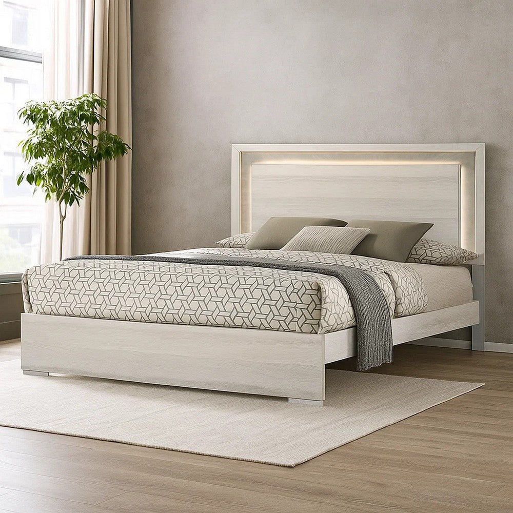 Nomi King Size Bed with LED on Headboard | Antique White Wash Finsih BM342435
