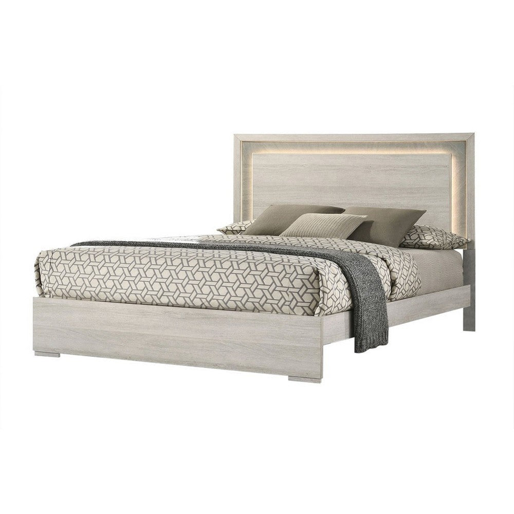 Nomi King Size Bed with LED on Headboard | Antique White Wash Finsih BM342435