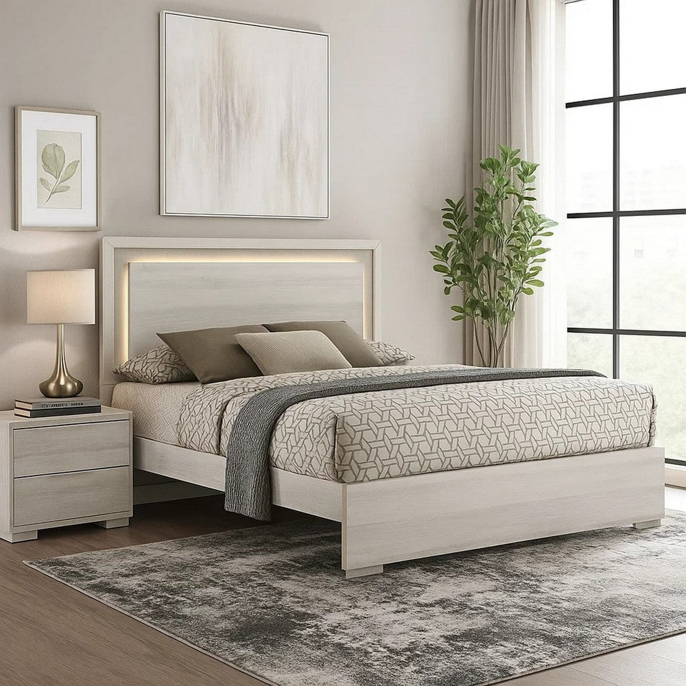 Nomi Queen Size Bed with LED on Headboard | Antique White Wash Finsih BM342436