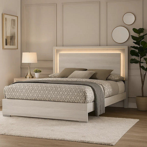 Nomi Queen Size Bed with LED on Headboard | Antique White Wash Finsih