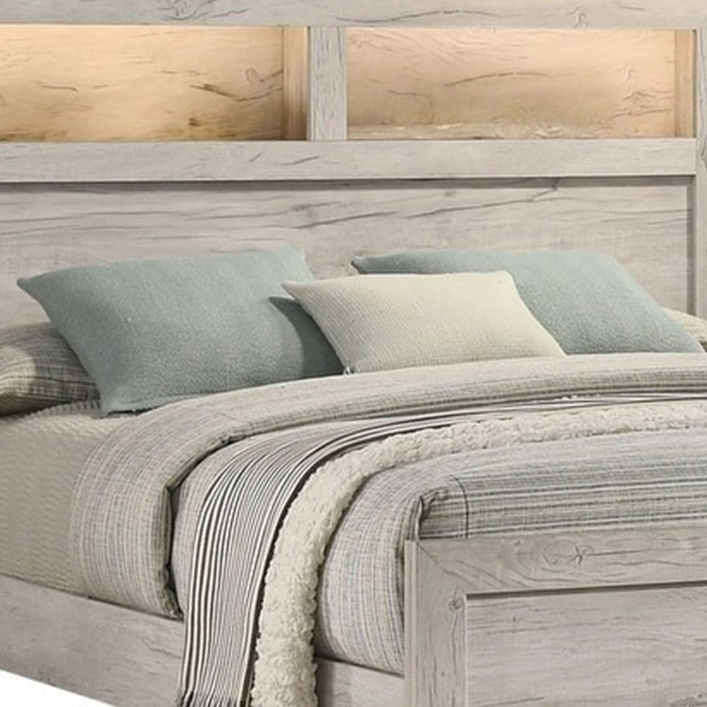Miot King Size Bed with Headboard Shelves | Weathered White Wash Tone BM342437