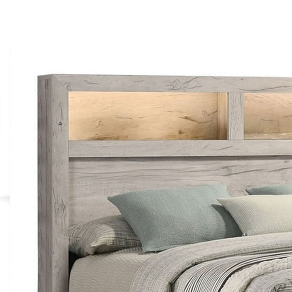 Miot King Size Bed with Headboard Shelves | Weathered White Wash Tone BM342437