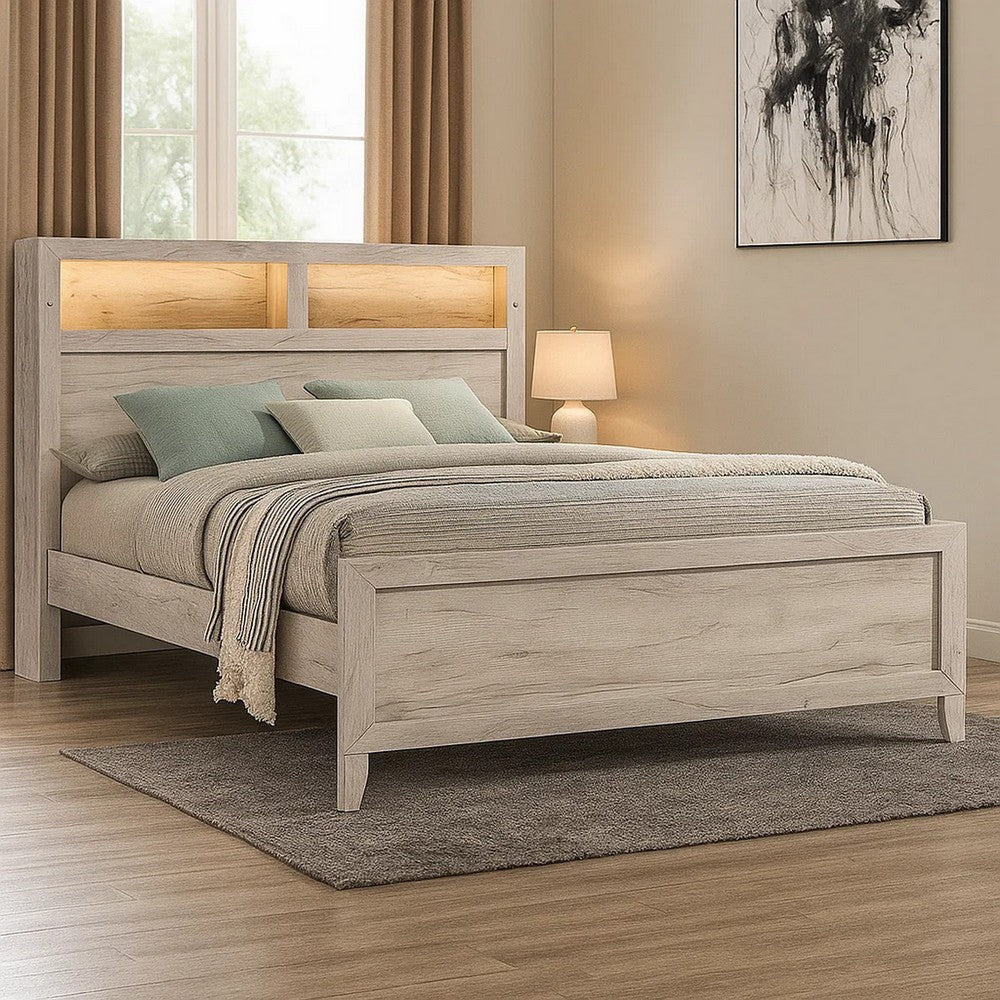 Miot King Size Bed with Headboard Shelves | Weathered White Wash Tone BM342437
