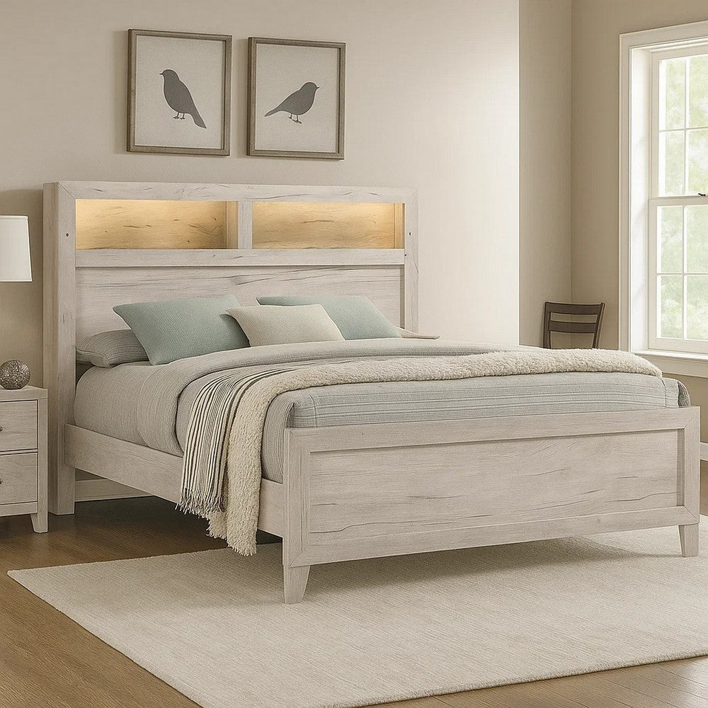 Miot King Size Bed with Headboard Shelves | Weathered White Wash Tone