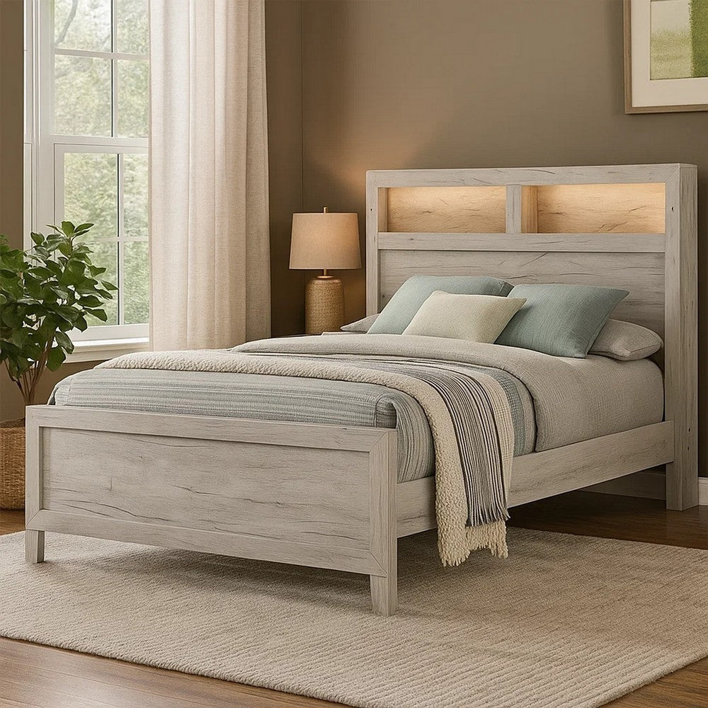 Miot Queen Size Bed with Headboard Shelves | Weathered White Wash Tone BM342438
