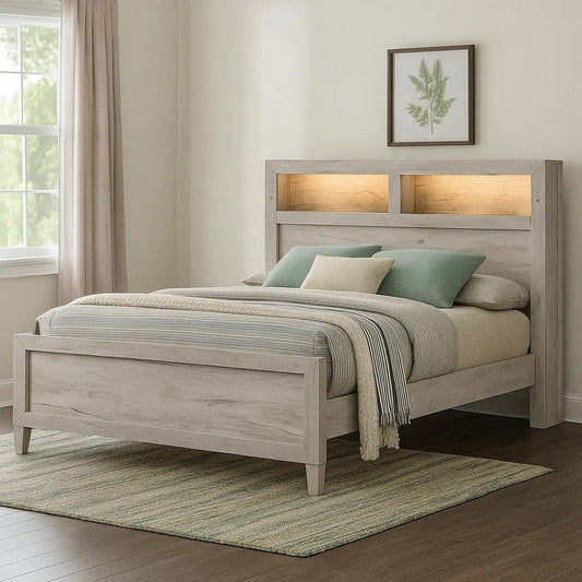 Miot Queen Size Bed with Headboard Shelves | Weathered White Wash Tone
