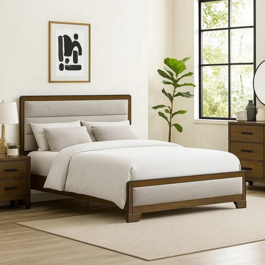 Cair Queen Bed | Channel Tufted Light Gray Fabric Upholstered | Brown