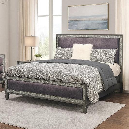 Laine Full Bed | Glam Crystal Acrylic Trim | Gray Fabric Upholstered