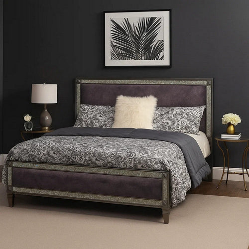 Laine Queen Bed | Glam Crystal Acrylic Trim | Gray Fabric Upholstered