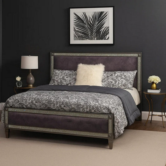 Laine Queen Bed | Glam Crystal Acrylic Trim | Gray Fabric Upholstered