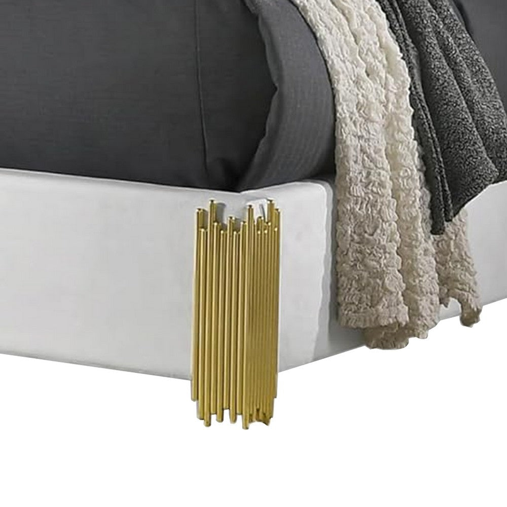 Dyl Queen Bed | Soft Foam Upholstered | White Fabric | Gold Accent Posts BM342444