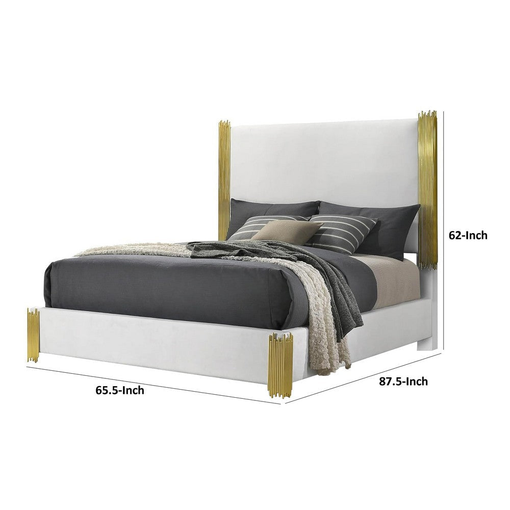 Dyl Queen Bed | Soft Foam Upholstered | White Fabric | Gold Accent Posts BM342444