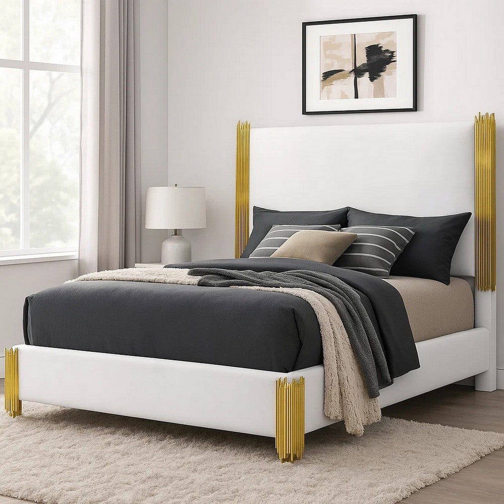 Dyl Queen Bed | Soft Foam Upholstered | White Fabric | Gold Accent Posts BM342444