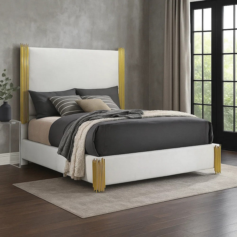 Dyl Queen Bed | Soft Foam Upholstered | White Fabric | Gold Accent Posts