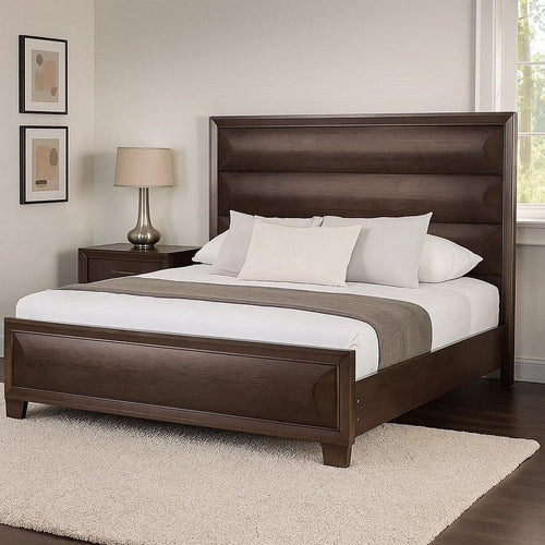Nitz King Bed | Paneled Headboard with Beveled Fronts | Espresso Brown Wood