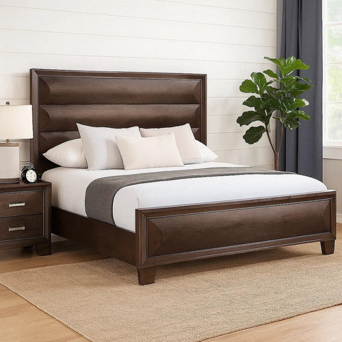 Nitz Queen Bed | Paneled Headboard with Beveled Fronts | Espresso Brown Wood